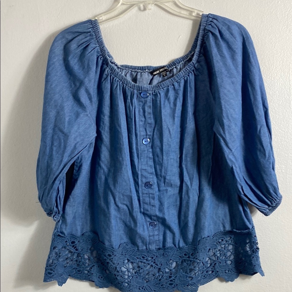 Blue Puff Sleeve Blouse with Embellished Details unique spectrum
